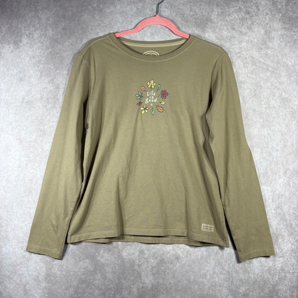 Life Is Good Shirt Womens Small Green Leaf Print Fall Relaxed Fit Long Sleeve